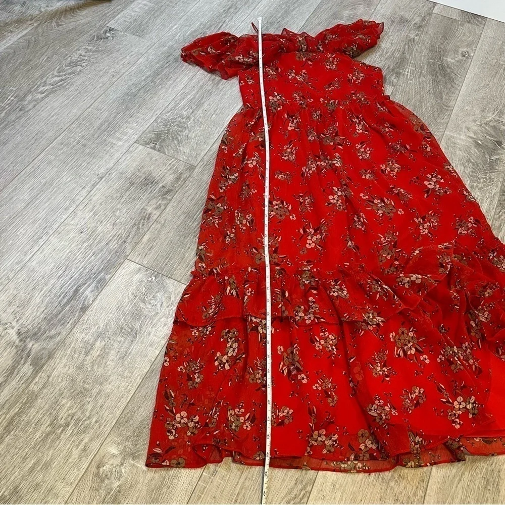 ZARA Red Floral Off The Shoulder Ruffled Tiered Chiffon Midi Dress Size XS - Picture 15 of 17